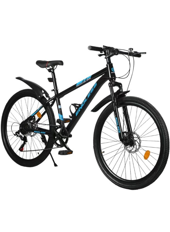 بلا نهاية دراجة جبلية Endless مقاس 26 بوصة بـ 7 سرعات للبالغين | إطار فولاذي عالي الكربون بقياس 18 بوصة، فرامل قرصية، نظام تعليق، مزودة بواقيات طين أمامية وخلفية، مقعد قابل للتعديل، وإطارات لجميع التضاريس بعرض 2.135 بوصة – مناسبة للرجال والنساء. - Image 2